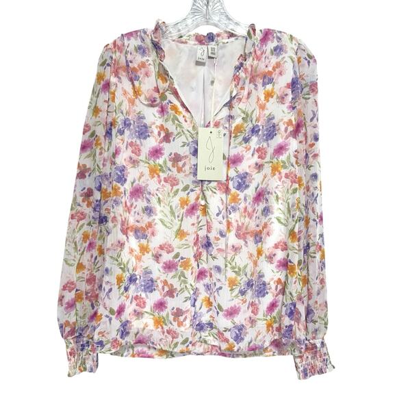 JOIE Floral Blouse Medium 8-10 Tie V-Neck  Sheer Sleeve Smocked Cuff Pink Purple - Picture 8 of 13